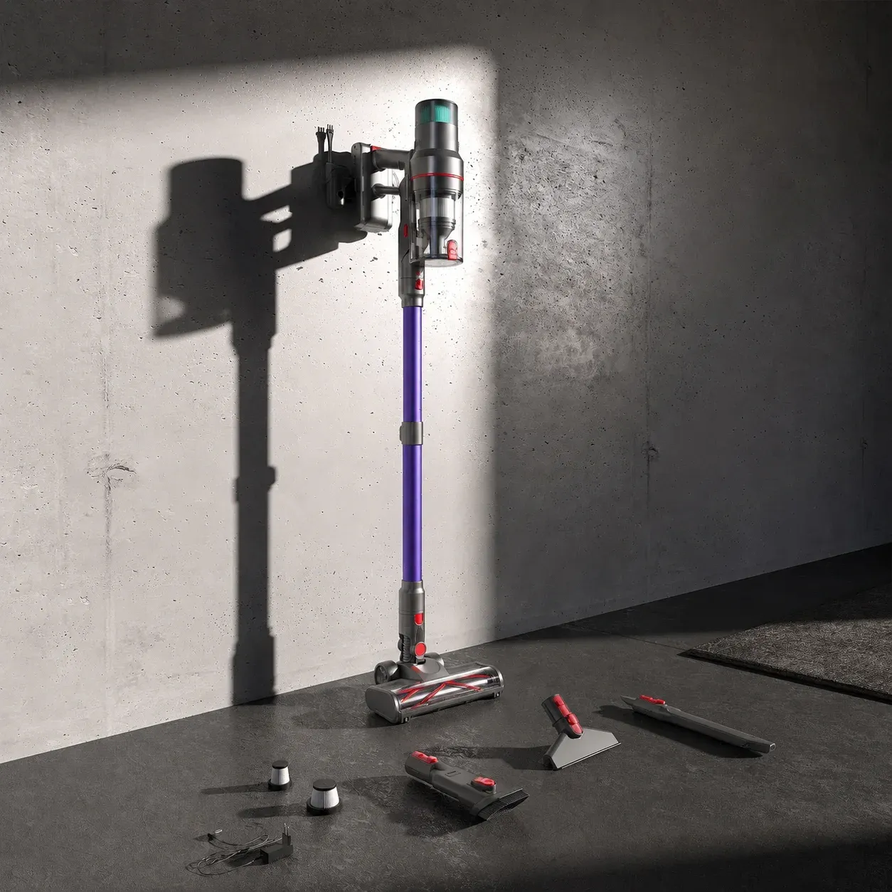Nexam V1 Pro on its wall mount, with accessories and charger on the floor